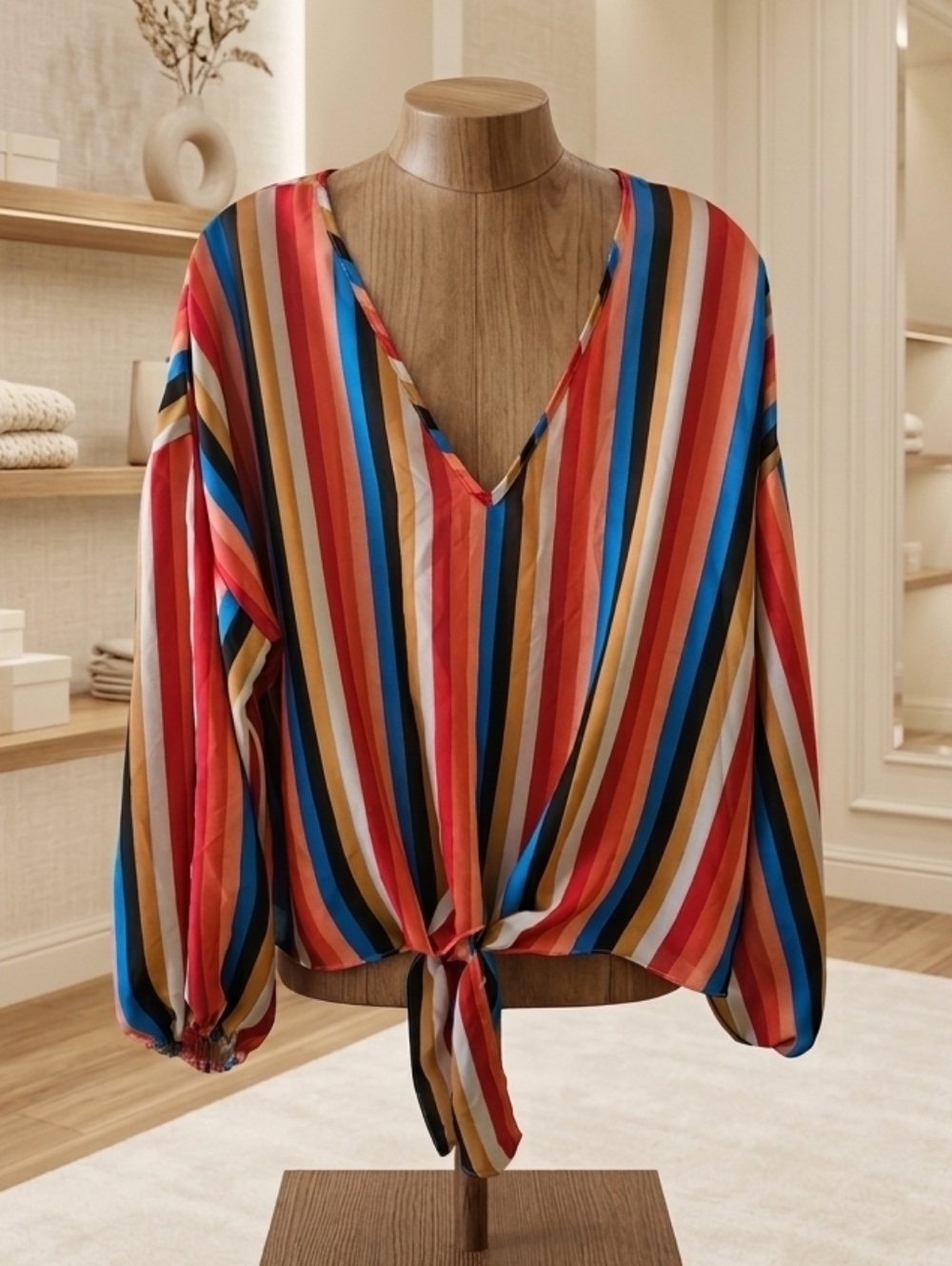 Striped Sheer Oversized Balloon Sleeve V-Neck Blouse Med Adrienne